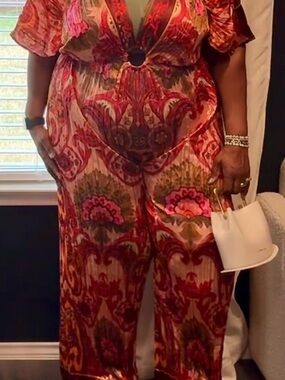 Fashion Nova Red & Pink Floral Ring-Front Jumpsuit
